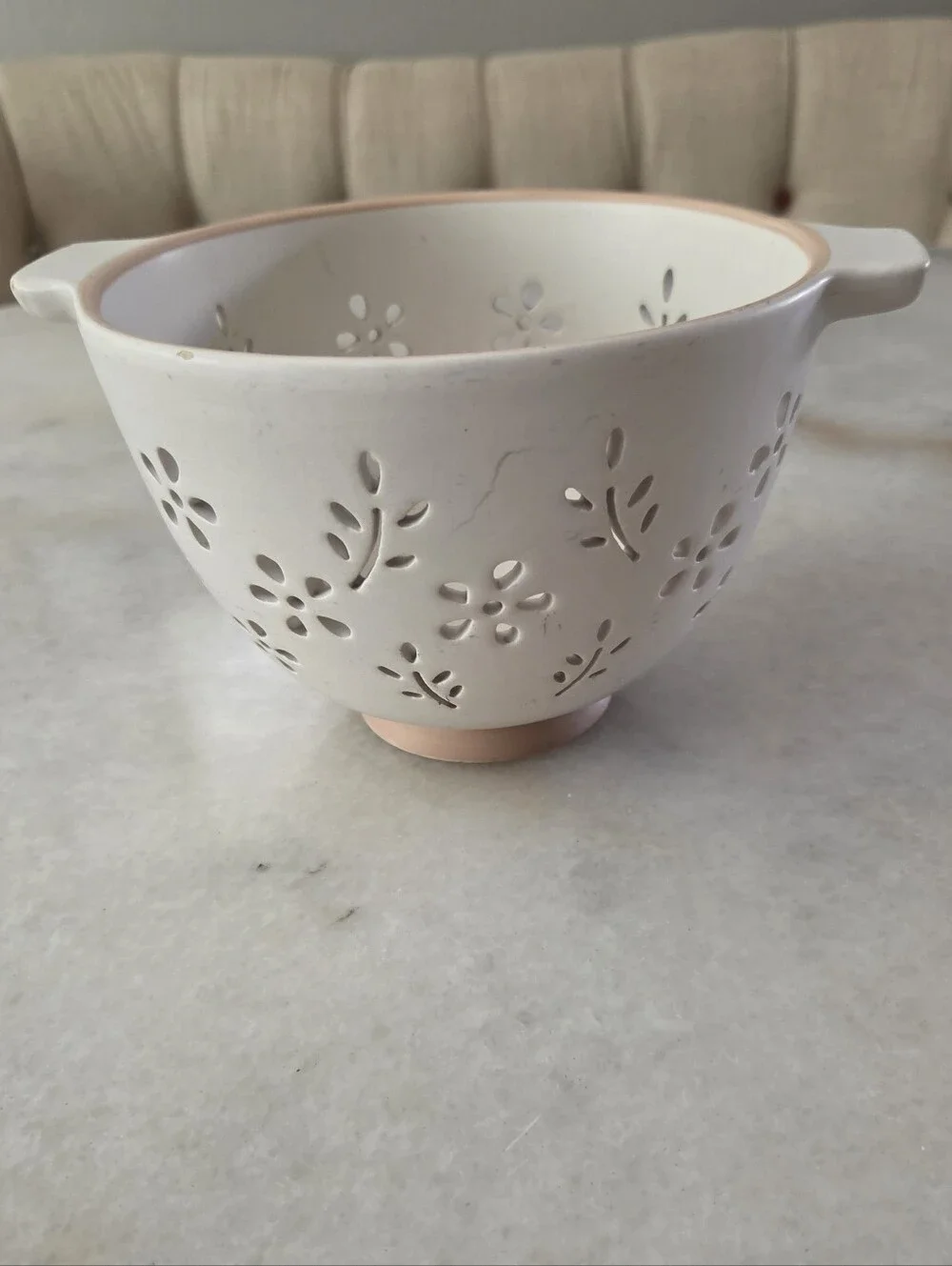 White Ceramic Floral-Colander Bowl with Handles